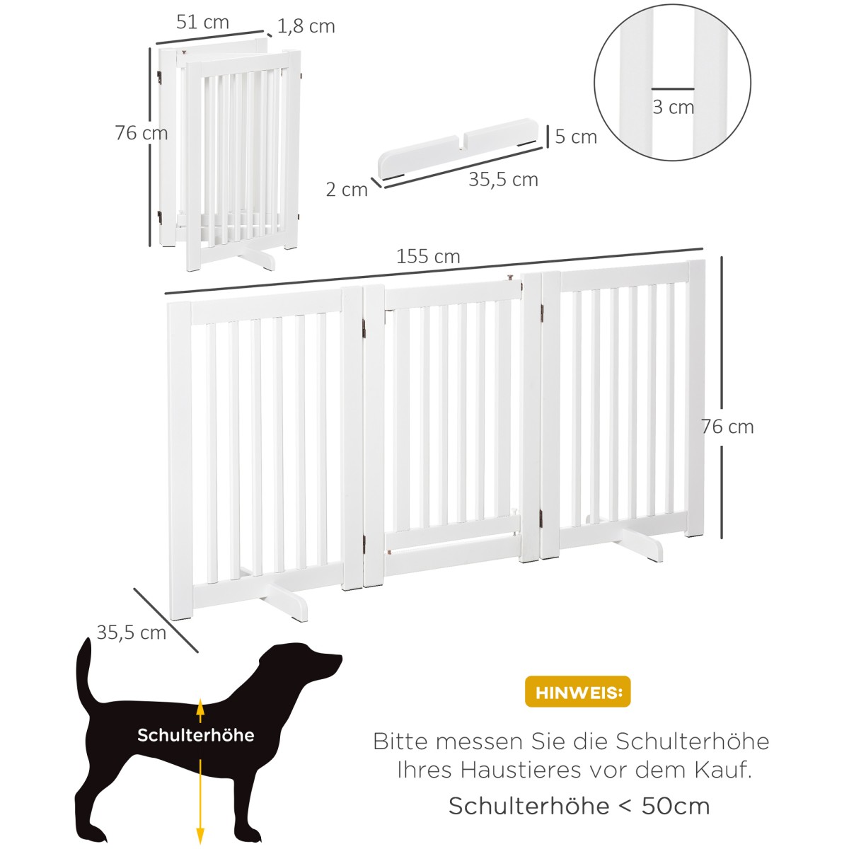 Dog Barrier Freestanding Ρυθμιζόμενη Προστατευτική Πύλη με Πόδια 155 x 76 cm Ξύλινη Πύλη Dog Πτυσσόμενη Πύλη Σκάλας για Σκάλες, Πόρτες, Κουζίνα, Διάδρομος, 3 Πάνελ, Λευκό