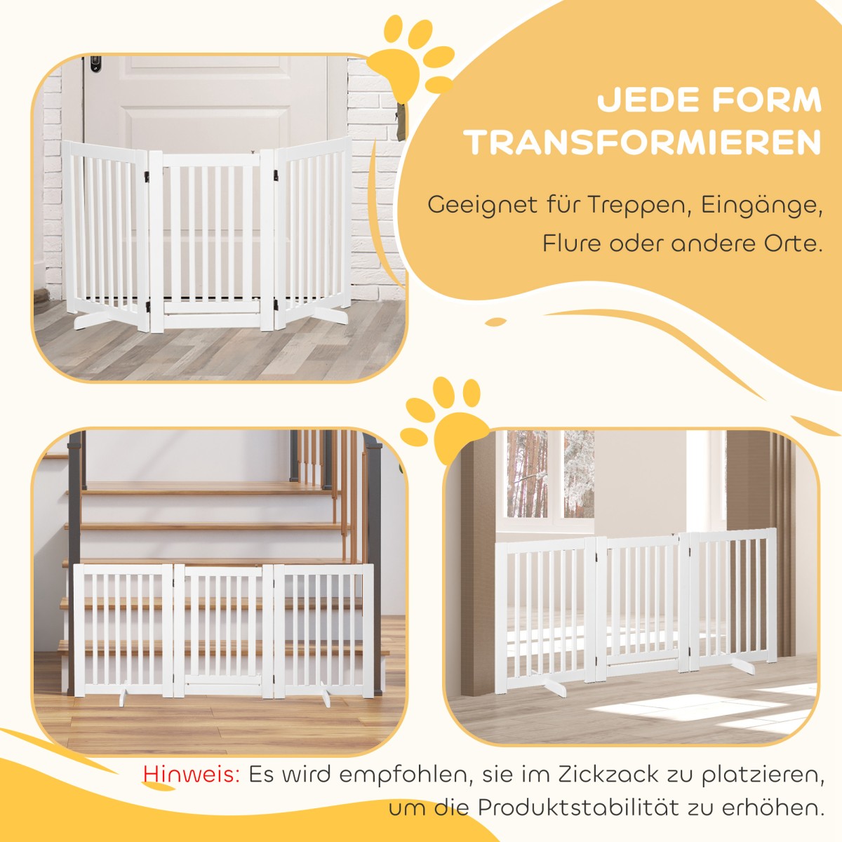 Dog Barrier Freestanding Ρυθμιζόμενη Προστατευτική Πύλη με Πόδια 155 x 76 cm Ξύλινη Πύλη Dog Πτυσσόμενη Πύλη Σκάλας για Σκάλες, Πόρτες, Κουζίνα, Διάδρομος, 3 Πάνελ, Λευκό