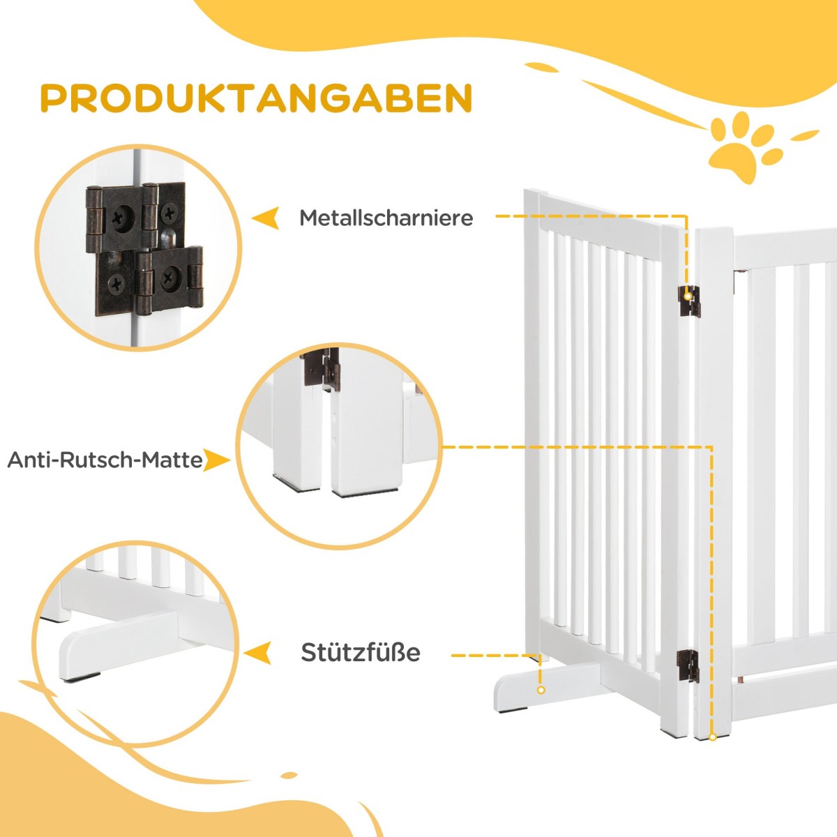 Dog Barrier Freestanding Ρυθμιζόμενη Προστατευτική Πύλη με Πόδια 155 x 76 cm Ξύλινη Πύλη Dog Πτυσσόμενη Πύλη Σκάλας για Σκάλες, Πόρτες, Κουζίνα, Διάδρομος, 3 Πάνελ, Λευκό