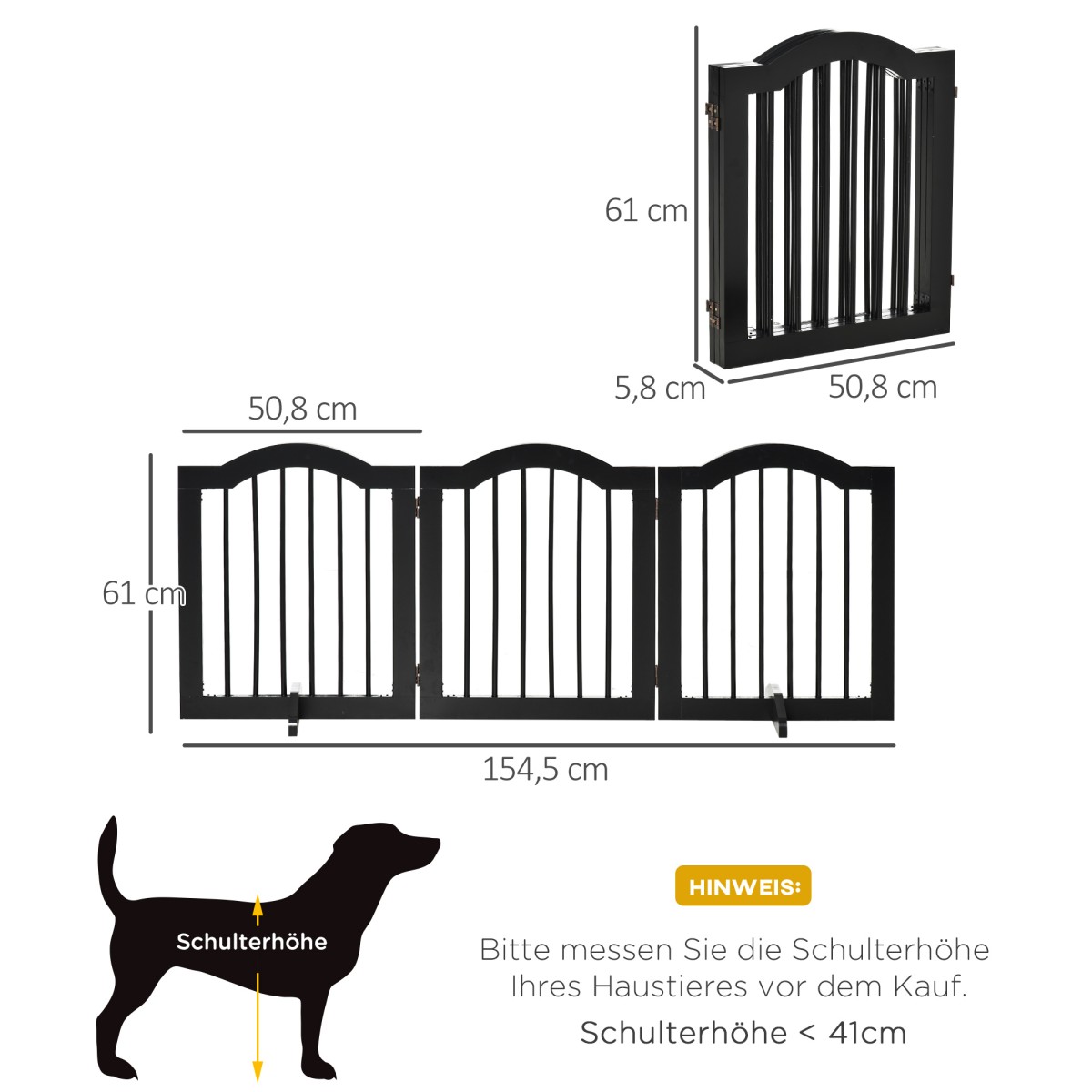 Dog Barrier Gate, 3 τεμαχίων, 154,5 x 61 cm, Πτυσσόμενη πύλη σκύλου με πόρτα, πύλη πόρτας με 2 πόδια στήριξης, ανεξάρτητη πύλη σκάλας για κουζίνα, διάδρομος, μαύρο