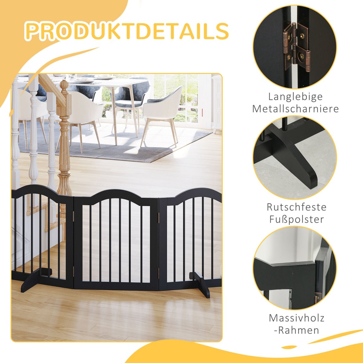 Dog Barrier Gate, 3 τεμαχίων, 154,5 x 61 cm, Πτυσσόμενη πύλη σκύλου με πόρτα, πύλη πόρτας με 2 πόδια στήριξης, ανεξάρτητη πύλη σκάλας για κουζίνα, διάδρομος, μαύρο