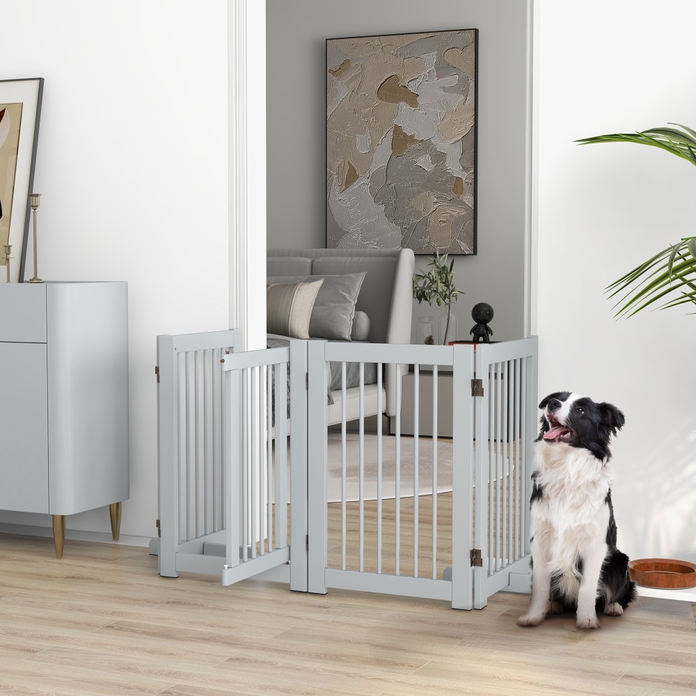 Freestanding Dog Gate 4 Panel Flexible Pine Wood 204L x 36W x 75H cm Ανοιχτό γκρι