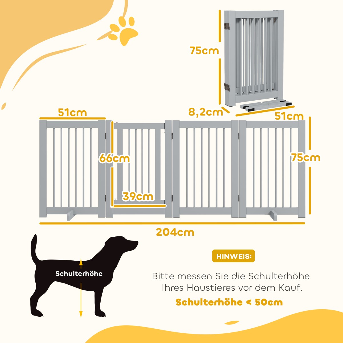 Freestanding Dog Gate 4 Panel Flexible Pine Wood 204L x 36W x 75H cm Ανοιχτό γκρι