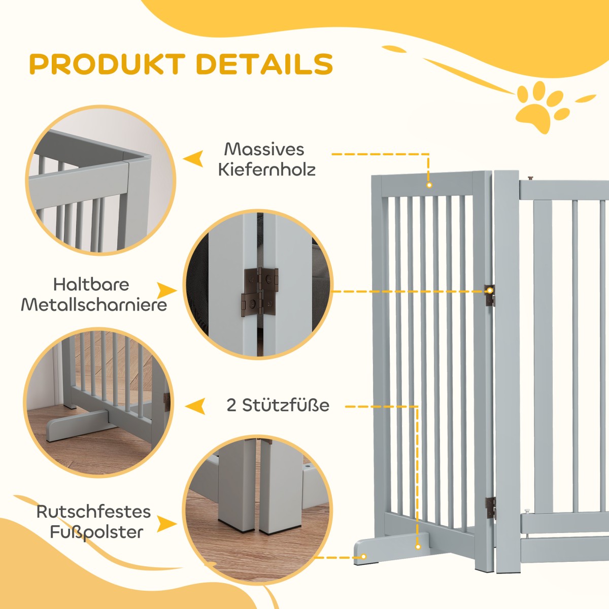 Freestanding Dog Gate 4 Panel Flexible Pine Wood 204L x 36W x 75H cm Ανοιχτό γκρι