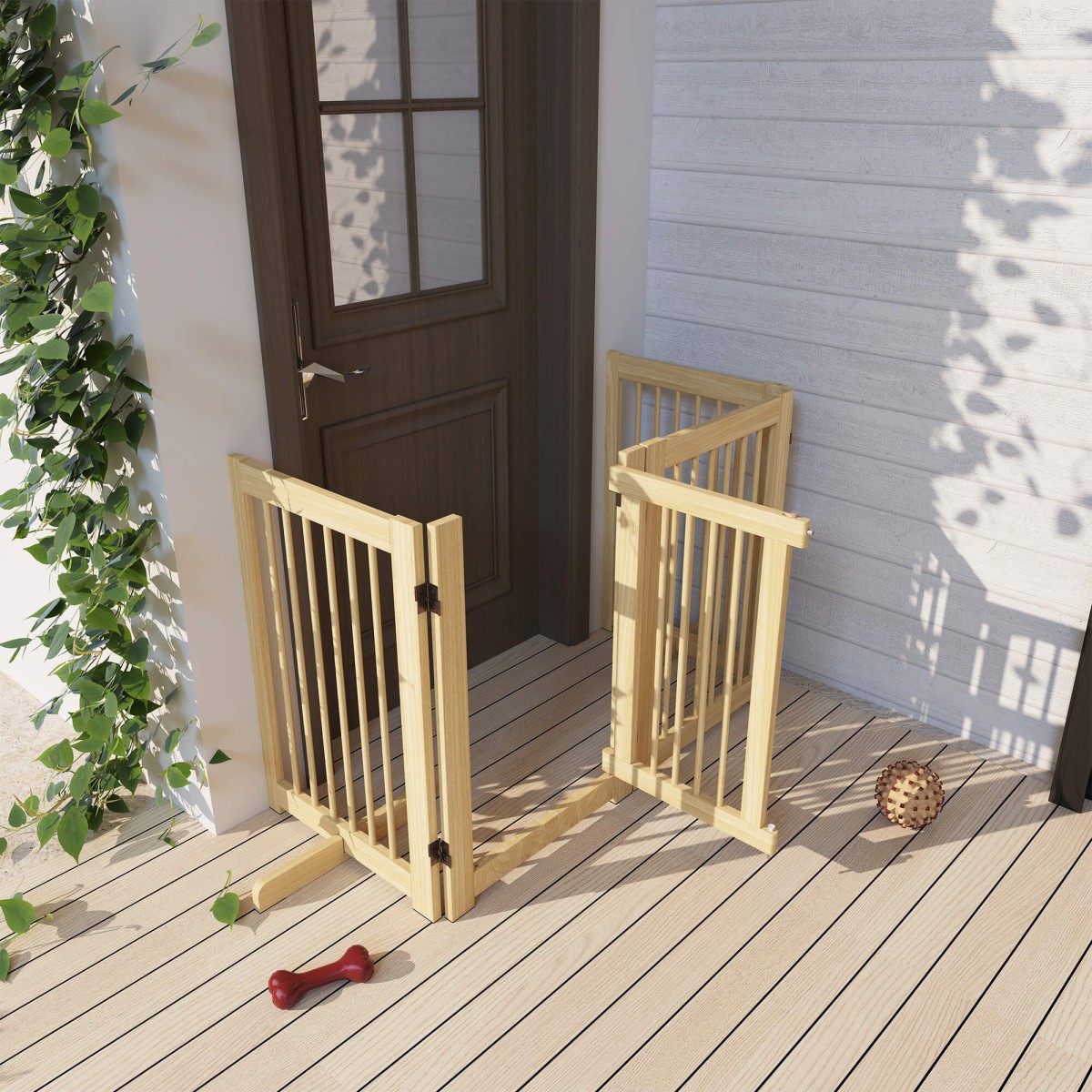 Freestanding Dog Gate 4 Panel Flexible Pine Wood 204L x 36W x 75H cm Φυσικό ξύλο