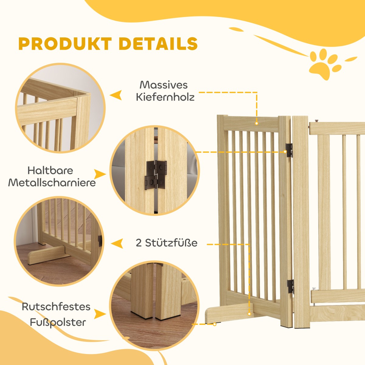 Freestanding Dog Gate 4 Panel Flexible Pine Wood 204L x 36W x 75H cm Φυσικό ξύλο