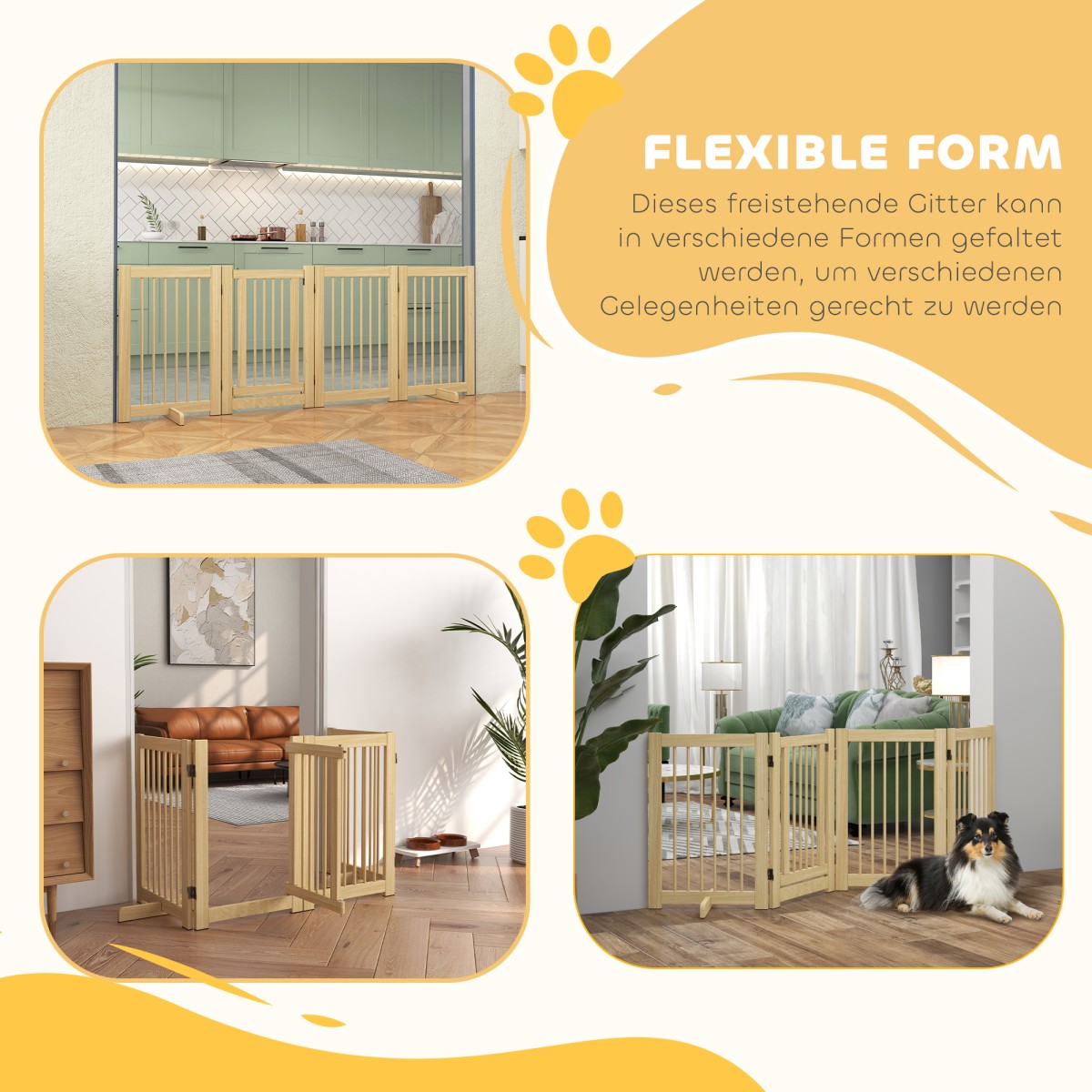 Freestanding Dog Gate 4 Panel Flexible Pine Wood 204L x 36W x 75H cm Φυσικό ξύλο