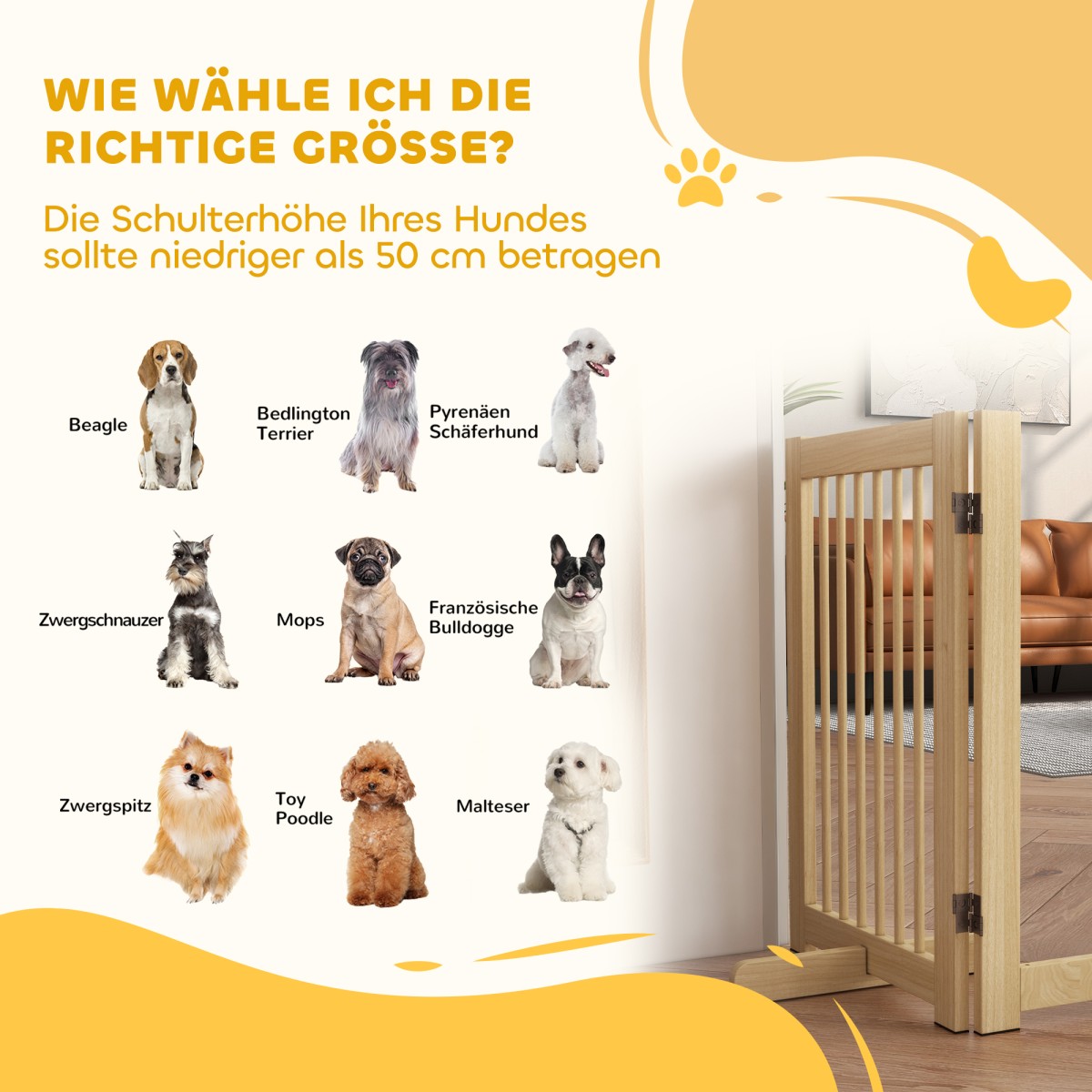 Freestanding Dog Gate 4 Panel Flexible Pine Wood 204L x 36W x 75H cm Φυσικό ξύλο