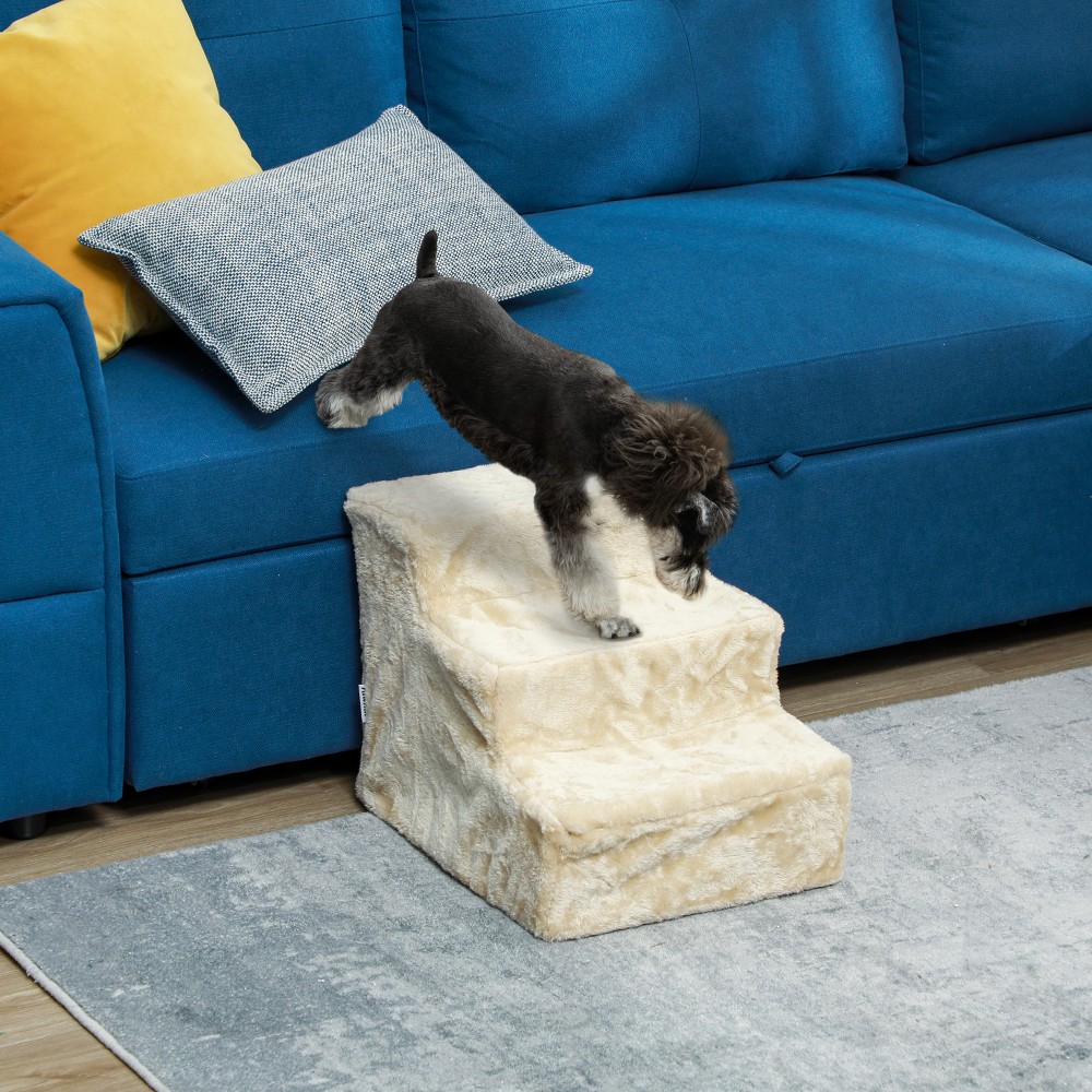 PawHut Πτυσσόμενη Σκάλα Κατοικιδίου, 3 Σκαλοπάτια, Πλενόμενο Βελούδινο Κάλυμμα, Πάνελ Μοριοσανίδας, 46 x 35 x 35 cm, Μπεζ