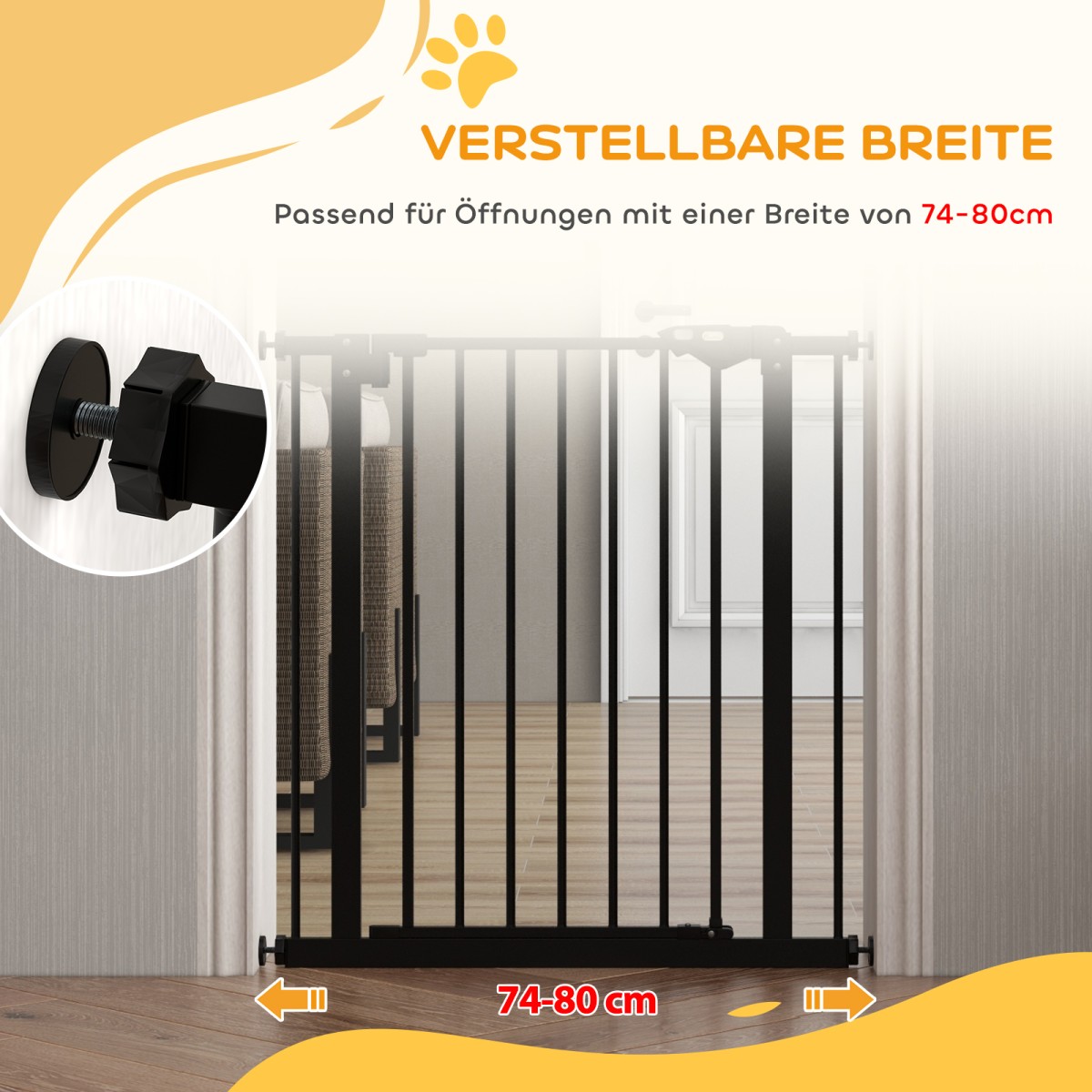 Dog Door Gate Barrier Pet Gate Metal Plastic 74-80cm Μαύρο