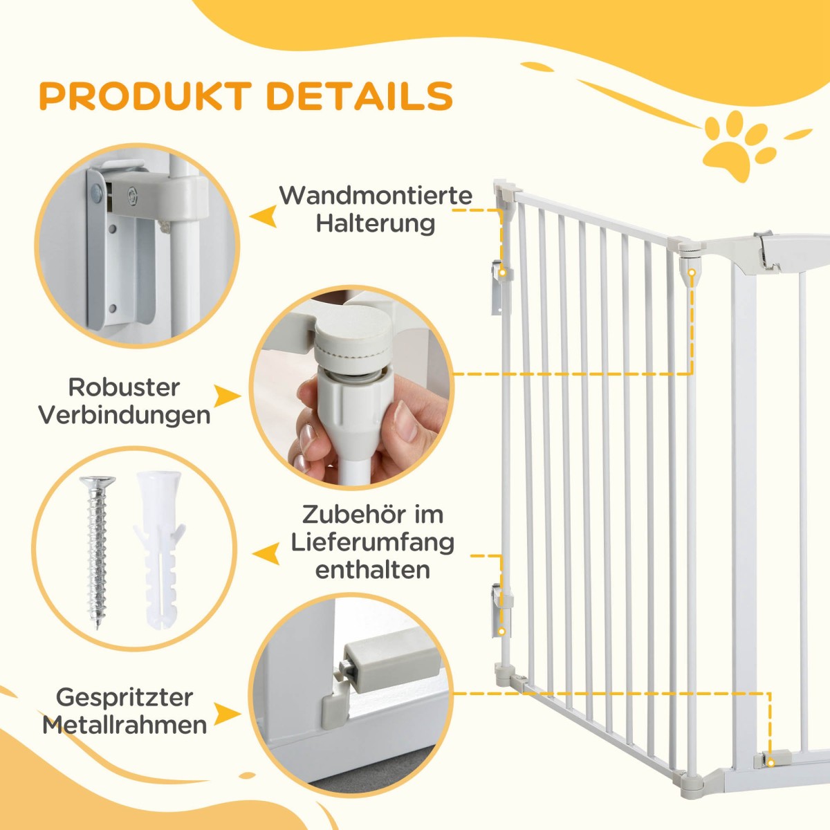 Πύλη ασφαλείας Dog Barrier Freestanding Safety Gate 180 x 74,5 cm Πτυσσόμενη πύλη σκυλιών Stair Gate Barrier σκυλιών για σκάλες, πόρτες, κουζίνα, διάδρομος, 3 πάνελ, λευκό