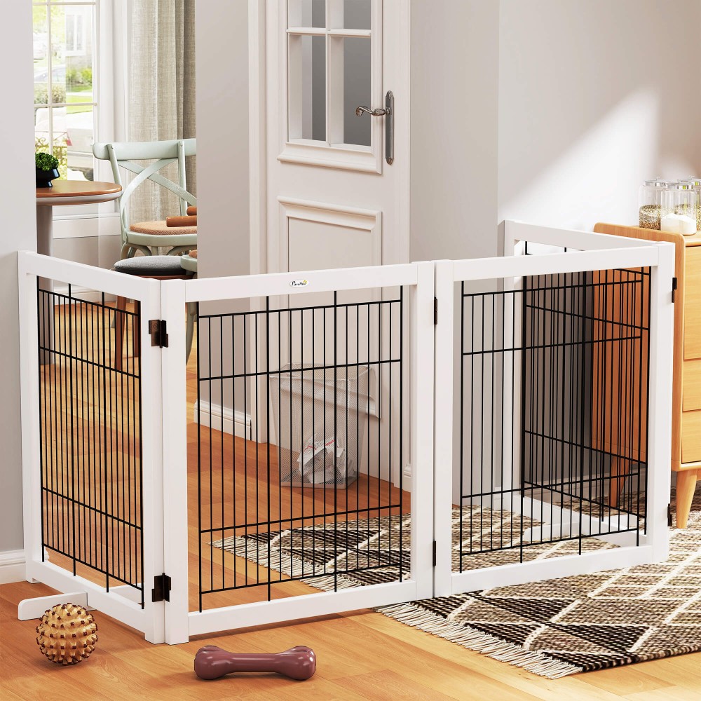 Dog Barrier Freestanding Safety Gate with Feet 305 x 82 cm Ξύλινη Πύλη Dog Πτυσσόμενη Πύλη Σκάλας Barrier σκύλου για Σκάλες, Πόρτες, Διάδρομος, 4 Πάνελ, Λευκό