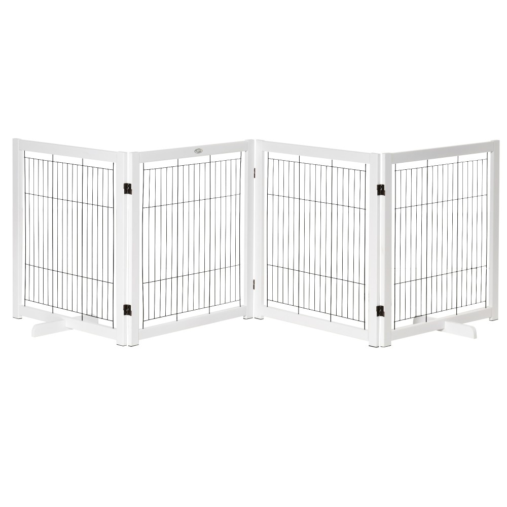 Dog Barrier Freestanding Safety Gate with Feet 305 x 82 cm Ξύλινη Πύλη Dog Πτυσσόμενη Πύλη Σκάλας Barrier σκύλου για Σκάλες, Πόρτες, Διάδρομος, 4 Πάνελ, Λευκό