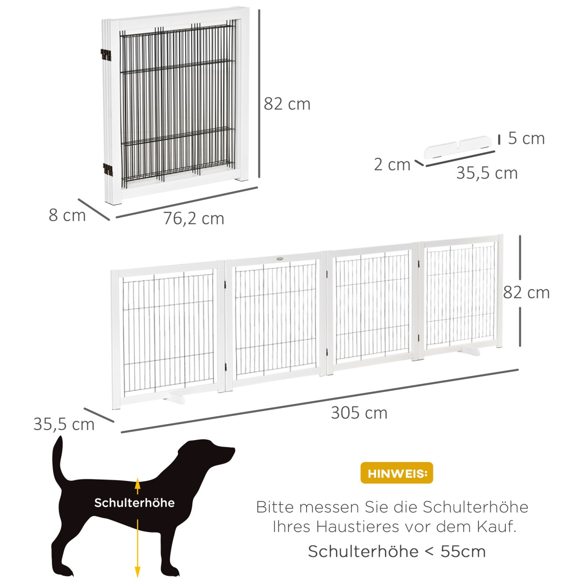 Dog Barrier Freestanding Safety Gate with Feet 305 x 82 cm Ξύλινη Πύλη Dog Πτυσσόμενη Πύλη Σκάλας Barrier σκύλου για Σκάλες, Πόρτες, Διάδρομος, 4 Πάνελ, Λευκό