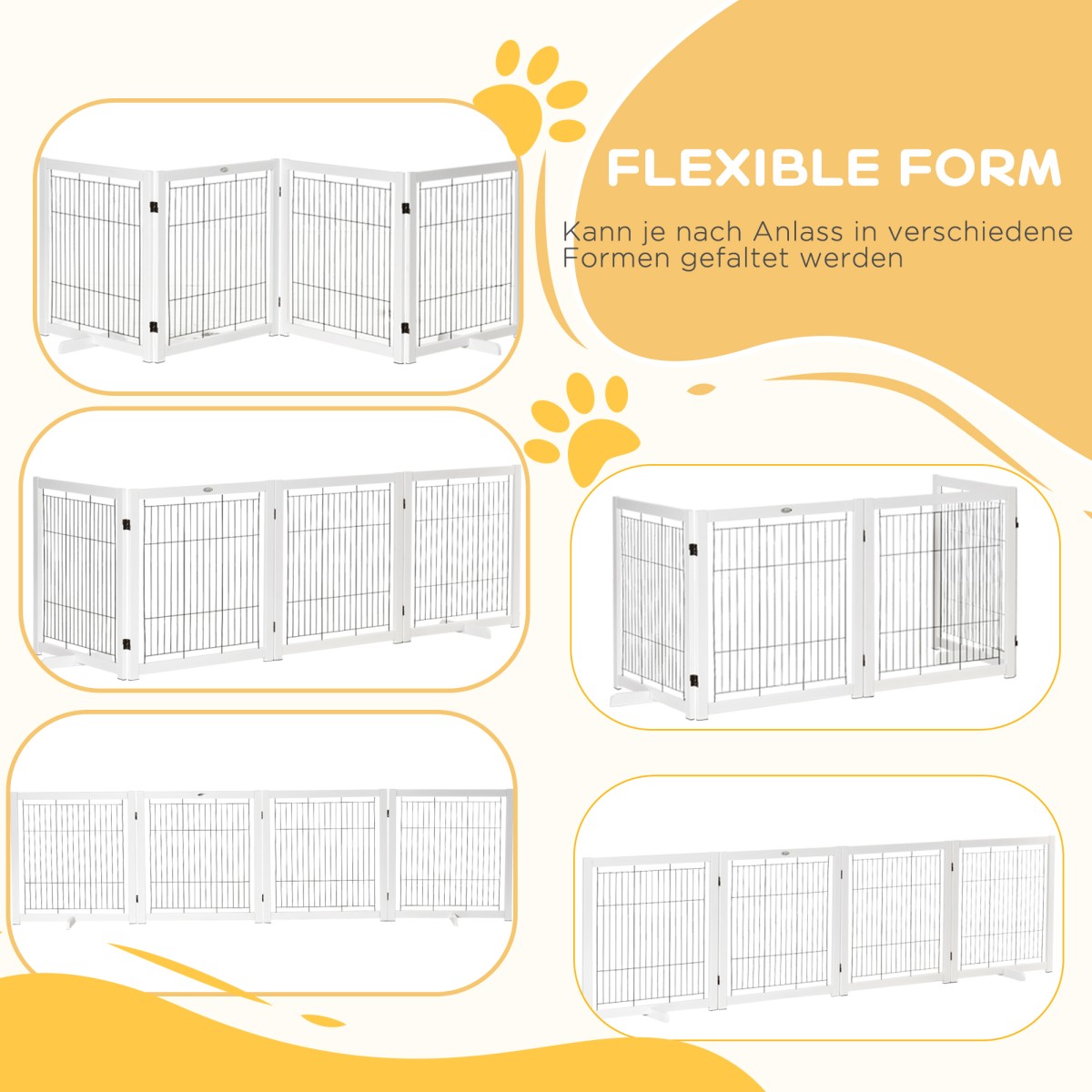 Dog Barrier Freestanding Safety Gate with Feet 305 x 82 cm Ξύλινη Πύλη Dog Πτυσσόμενη Πύλη Σκάλας Barrier σκύλου για Σκάλες, Πόρτες, Διάδρομος, 4 Πάνελ, Λευκό