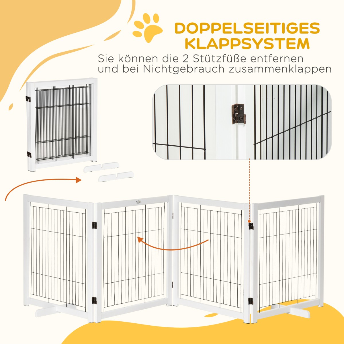 Dog Barrier Freestanding Safety Gate with Feet 305 x 82 cm Ξύλινη Πύλη Dog Πτυσσόμενη Πύλη Σκάλας Barrier σκύλου για Σκάλες, Πόρτες, Διάδρομος, 4 Πάνελ, Λευκό