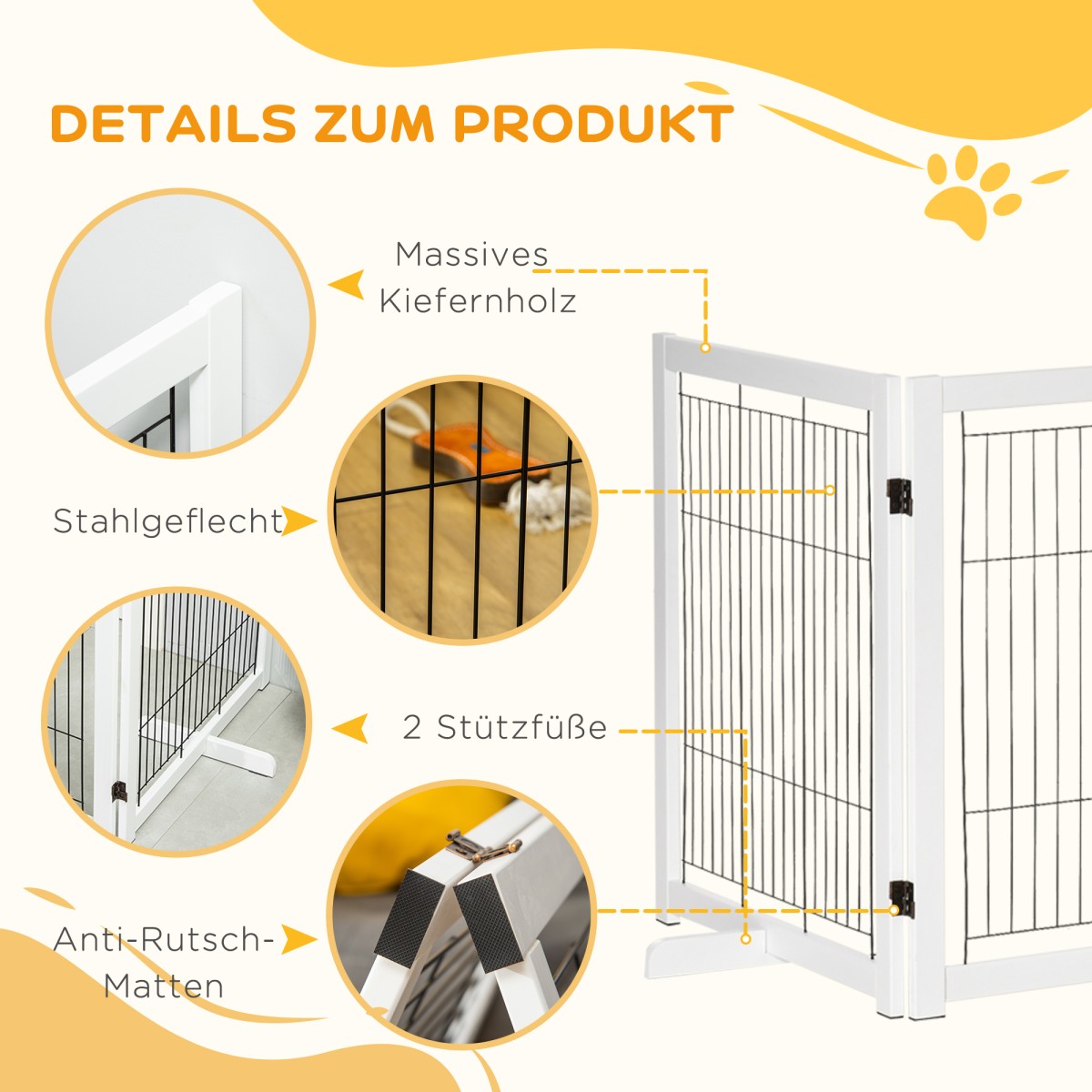 Dog Barrier Freestanding Safety Gate with Feet 305 x 82 cm Ξύλινη Πύλη Dog Πτυσσόμενη Πύλη Σκάλας Barrier σκύλου για Σκάλες, Πόρτες, Διάδρομος, 4 Πάνελ, Λευκό