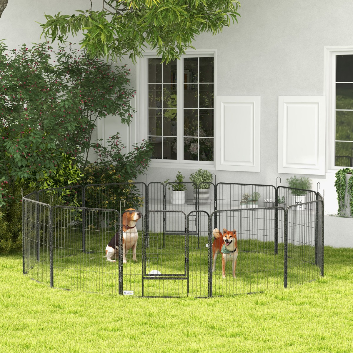 Puppy run, περίβλημα για κατοικίδια, 12 πάνελ το καθένα 80x80 cm, 2 πόρτες, ατσάλινο πλαίσιο, γκρι