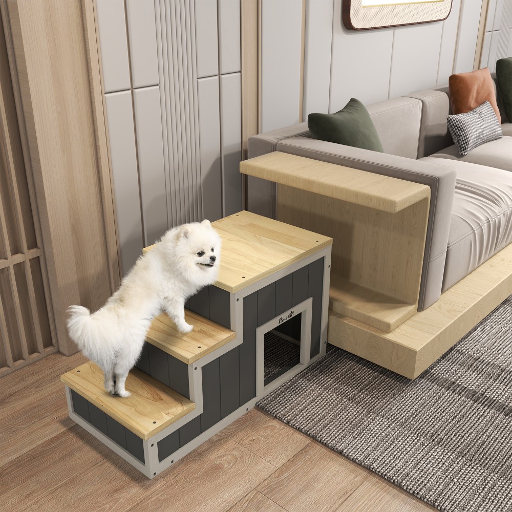 PawHut Σκάλας Κατοικίδιων, Σκάλα Σκύλου, 3 Σκαλοπάτια, Ξύλο Πεύκου, 79 cm x 38,5 cm x 45 cm, Φυσικό + Λευκό