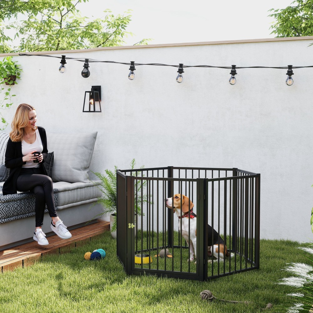Puppy Run, Dog Run, Puppy Enclosure, 6 πάνελ με πόρτα, πτυσσόμενο και φορητό φράχτη σκύλου, ατσάλι, μαύρο