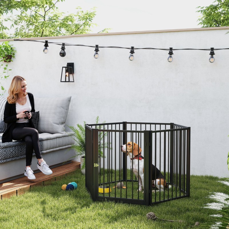 Puppy Run, Dog Run, Puppy Enclosure, 6 πάνελ με πόρτα, πτυσσόμενο και φορητό φράχτη σκύλου, ατσάλι, μαύρο