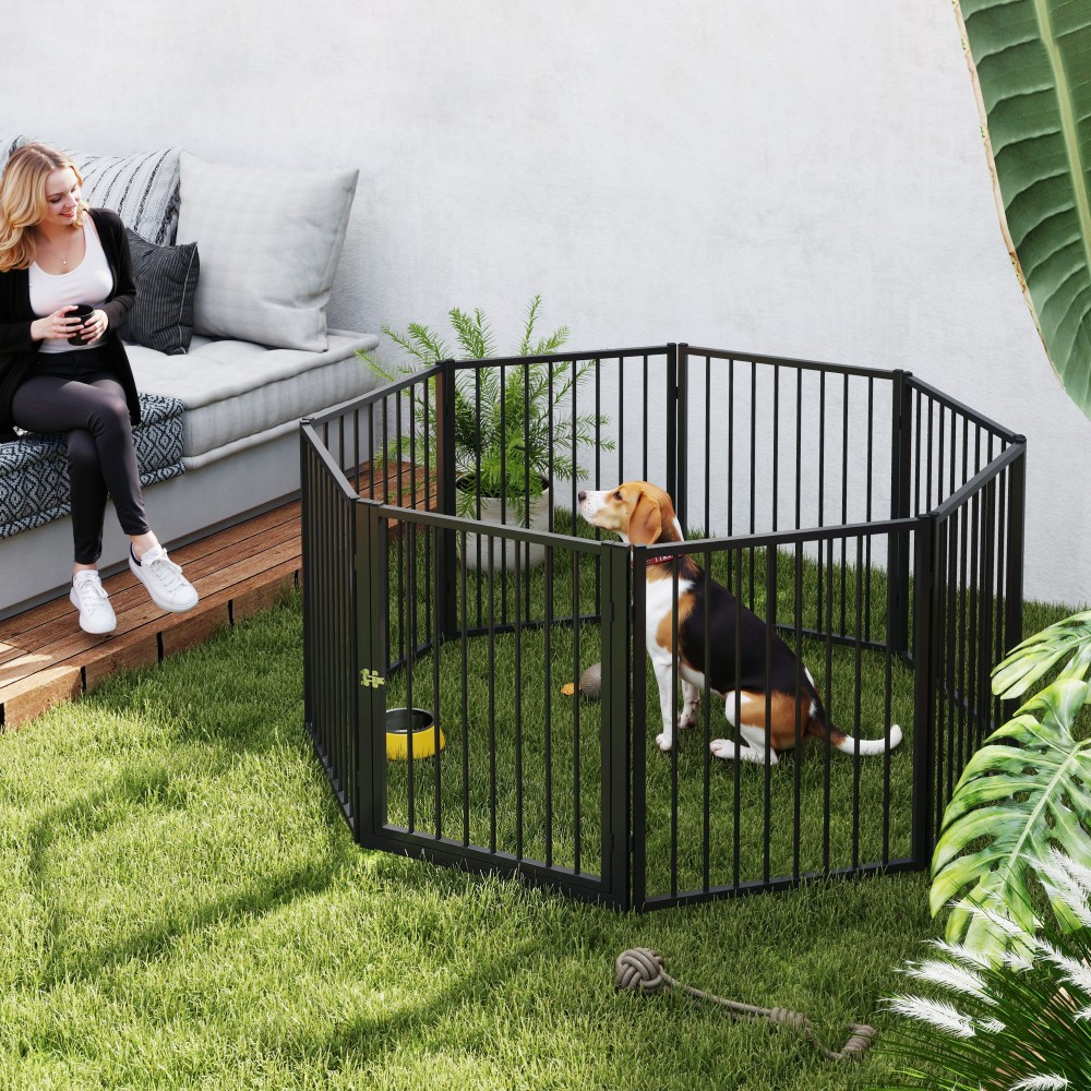 Puppy Run, Dog Run, Puppy Enclosure, 8 πάνελ με πόρτα, πτυσσόμενο και φορητό φράχτη σκύλου, ατσάλι, μαύρο