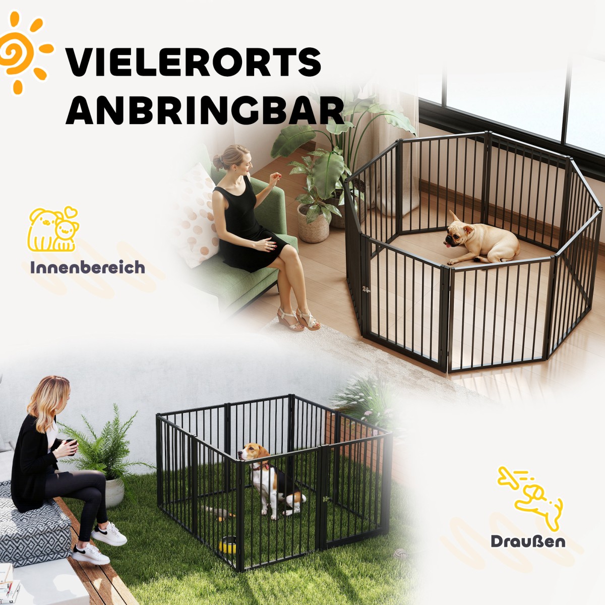 Puppy Run, Dog Run, Puppy Enclosure, 8 πάνελ με πόρτα, πτυσσόμενο και φορητό φράχτη σκύλου, ατσάλι, μαύρο