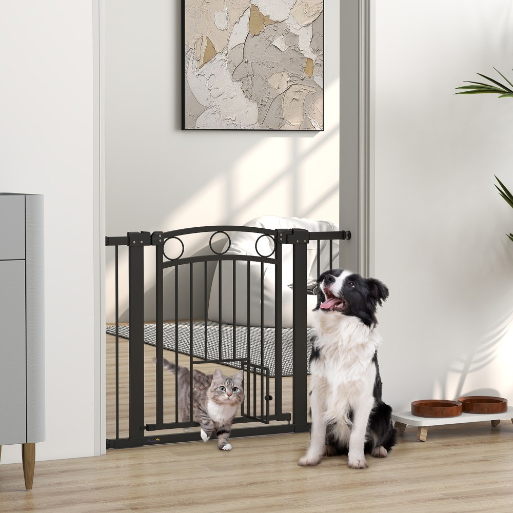 Πύλη Pet 77cm Πόρτα Σκάλας Ρυθμιζόμενο Πλάτος 76-104cm με Γάτα Πόρτα για Σκάλες και Πόρτες Μαύρο