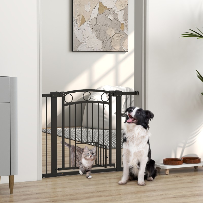 Πύλη Pet 77cm Πόρτα Σκάλας Ρυθμιζόμενο Πλάτος 76-104cm με Γάτα Πόρτα για Σκάλες και Πόρτες Μαύρο