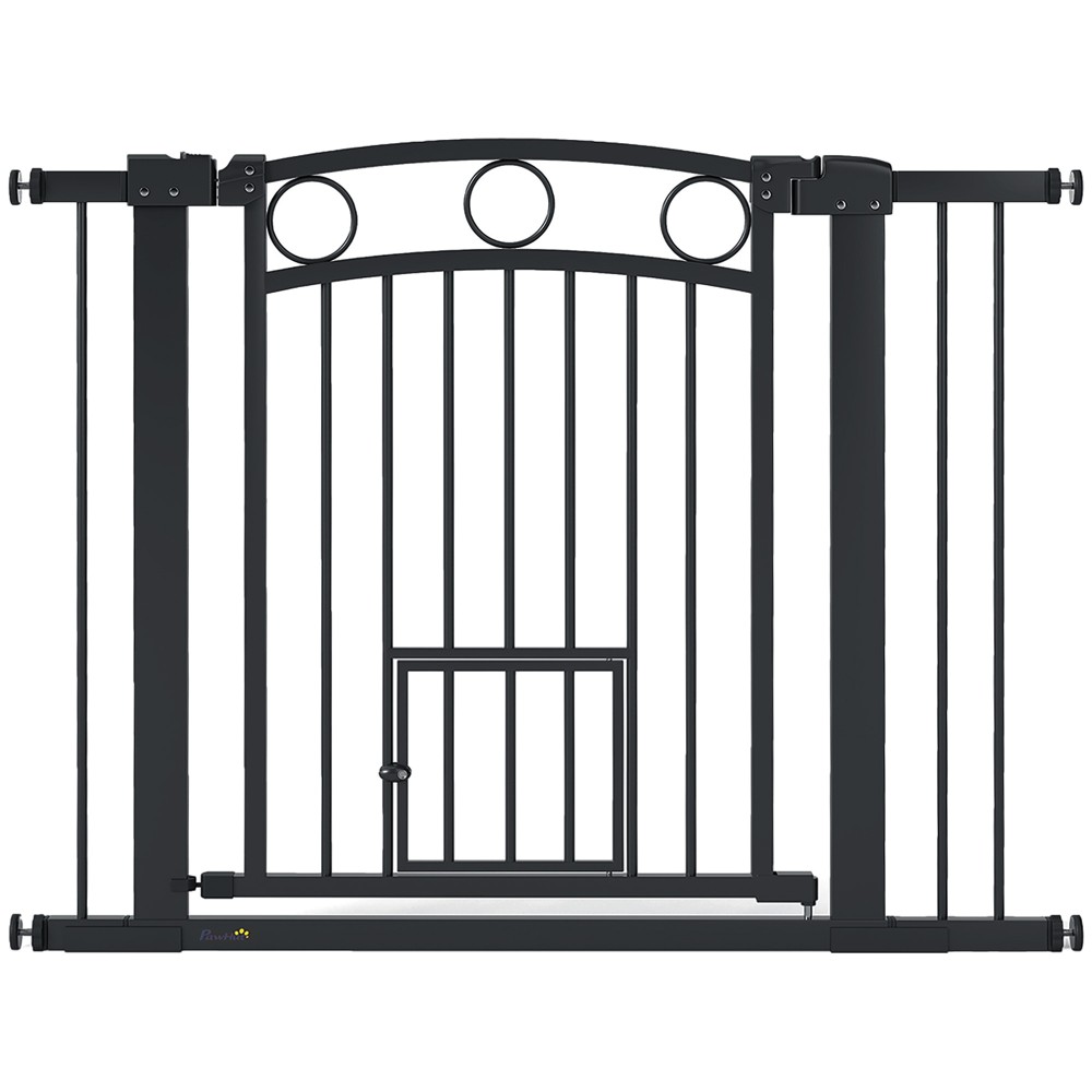 Πύλη Pet 77cm Πόρτα Σκάλας Ρυθμιζόμενο Πλάτος 76-104cm με Γάτα Πόρτα για Σκάλες και Πόρτες Μαύρο