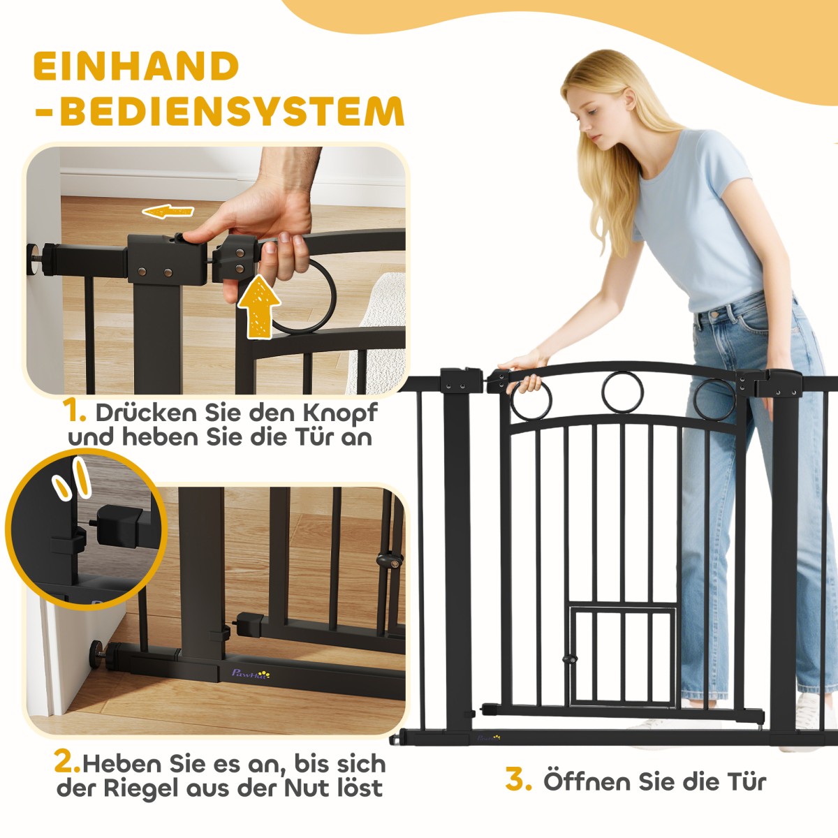 Πύλη Pet 77cm Πόρτα Σκάλας Ρυθμιζόμενο Πλάτος 76-104cm με Γάτα Πόρτα για Σκάλες και Πόρτες Μαύρο