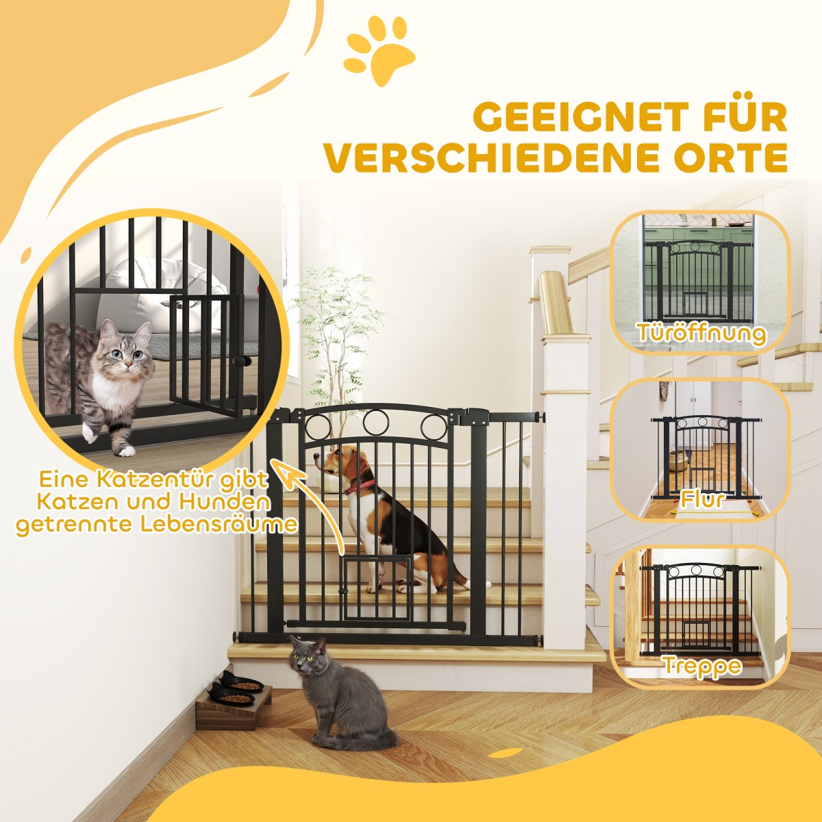Πύλη Pet 77cm Πόρτα Σκάλας Ρυθμιζόμενο Πλάτος 76-104cm με Γάτα Πόρτα για Σκάλες και Πόρτες Μαύρο