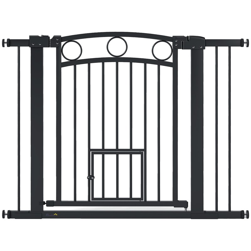 Πύλη Pet 77cm Πόρτα Σκάλας Ρυθμιζόμενο Πλάτος 76-104cm με Γάτα Πόρτα για Σκάλες και Πόρτες Μαύρο