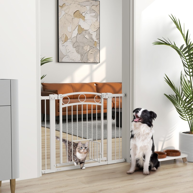 Πύλη Pet 77cm Πόρτα Σκάλας Ρυθμιζόμενο Πλάτος 76-104cm με Γάτα Πόρτα για Σκάλες και Πόρτες Λευκό
