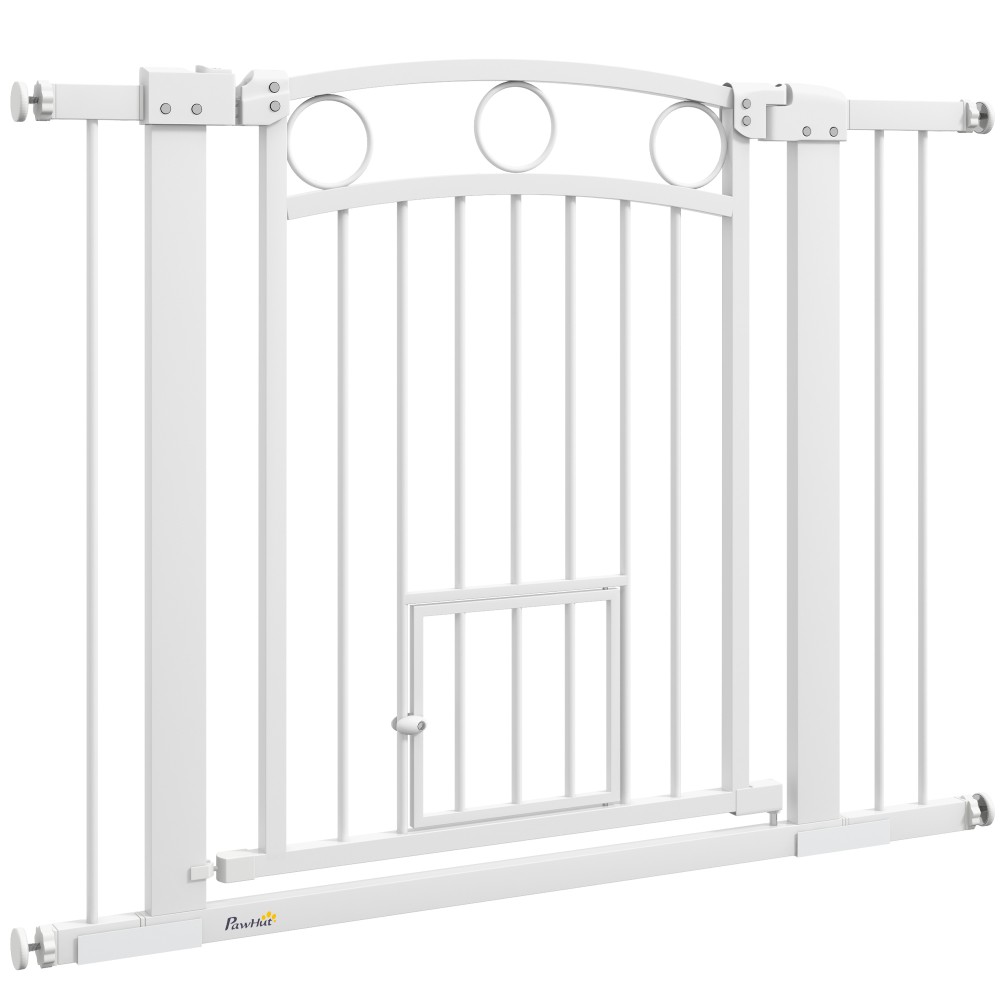 Πύλη Pet 77cm Πόρτα Σκάλας Ρυθμιζόμενο Πλάτος 76-104cm με Γάτα Πόρτα για Σκάλες και Πόρτες Λευκό