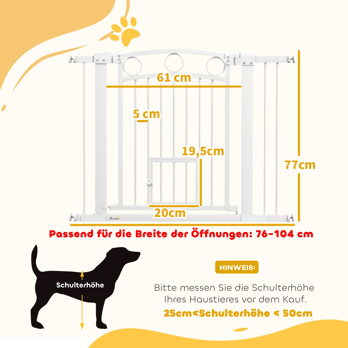 Πύλη Pet 77cm Πόρτα Σκάλας Ρυθμιζόμενο Πλάτος 76-104cm με Γάτα Πόρτα για Σκάλες και Πόρτες Λευκό