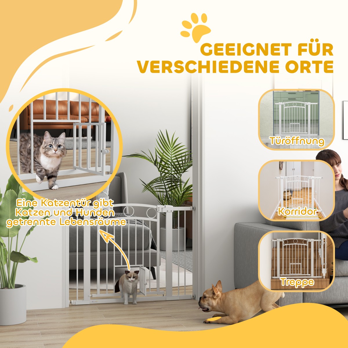 Πύλη Pet 77cm Πόρτα Σκάλας Ρυθμιζόμενο Πλάτος 76-104cm με Γάτα Πόρτα για Σκάλες και Πόρτες Λευκό