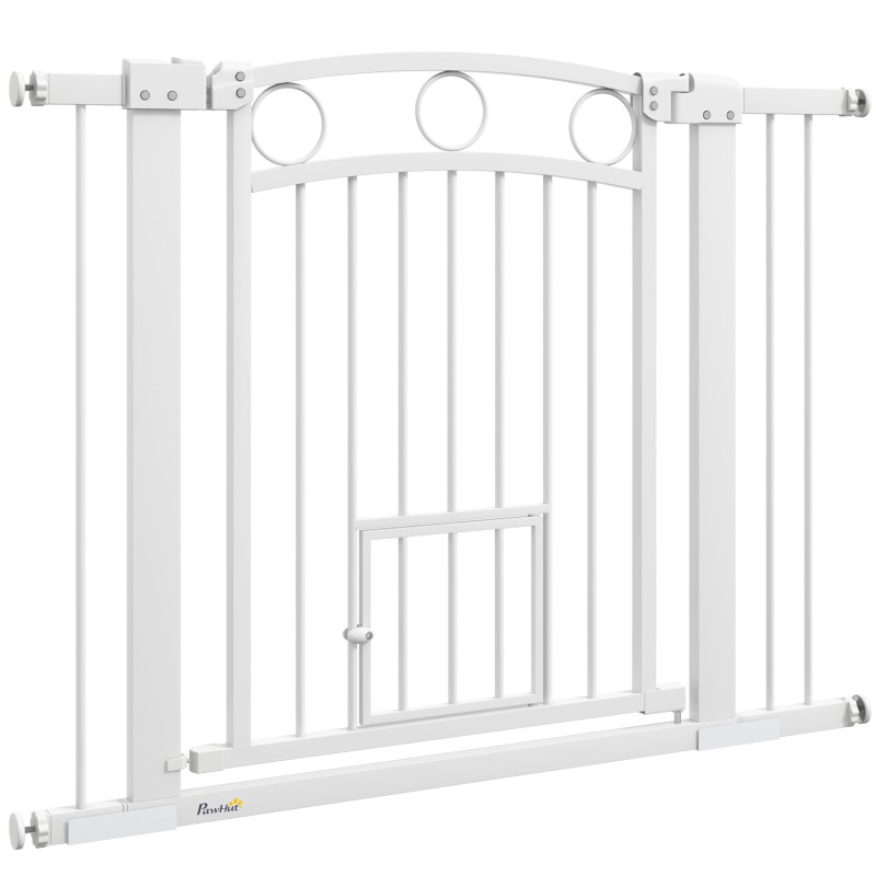 Πύλη Pet 77cm Πόρτα Σκάλας Ρυθμιζόμενο Πλάτος 76-104cm με Γάτα Πόρτα για Σκάλες και Πόρτες Λευκό
