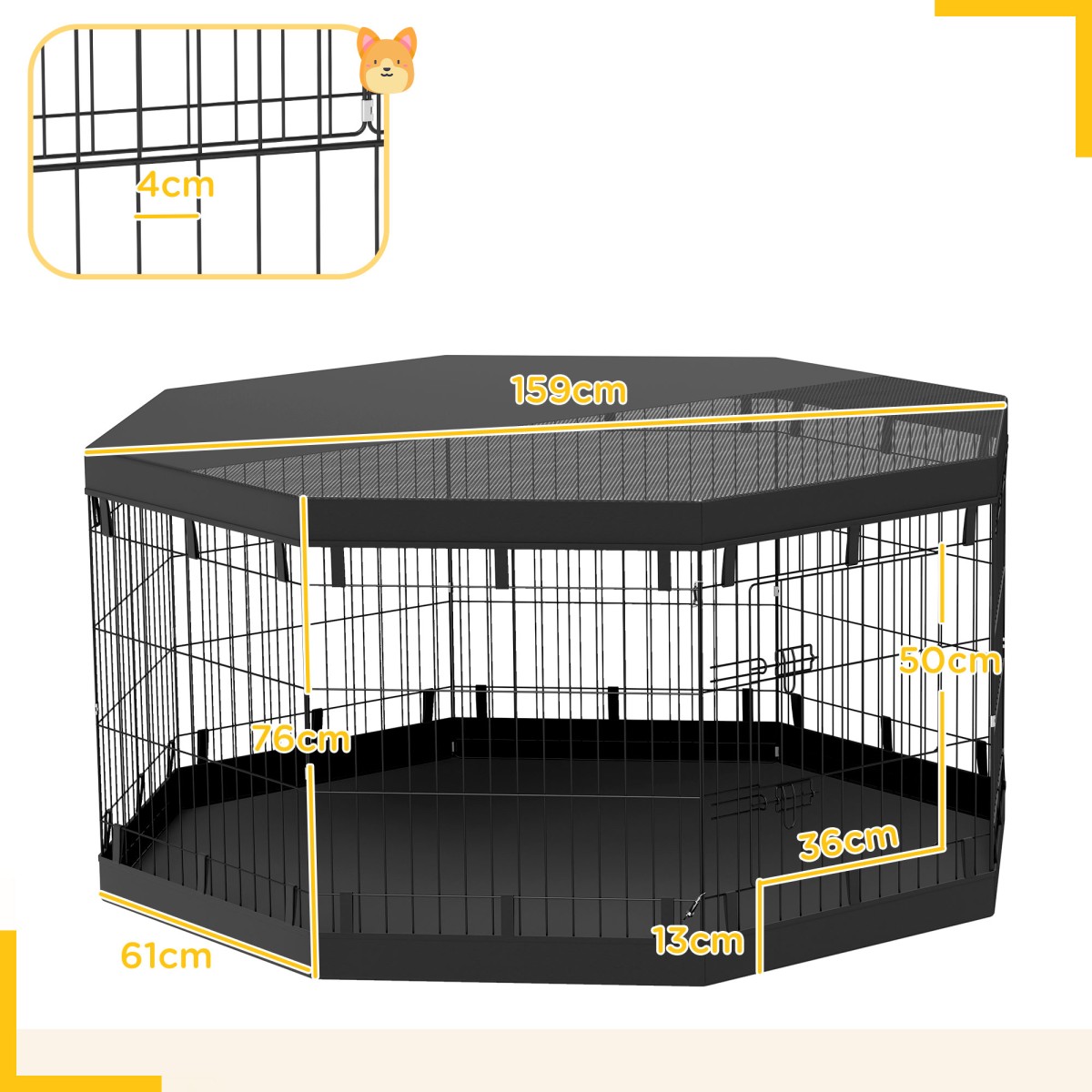 Puppy run, 76 cm ύψος/περ. 2,5 m², 8 πάνελ, υπόστρωμα, συνδυασμός μουσαμάς οροφής