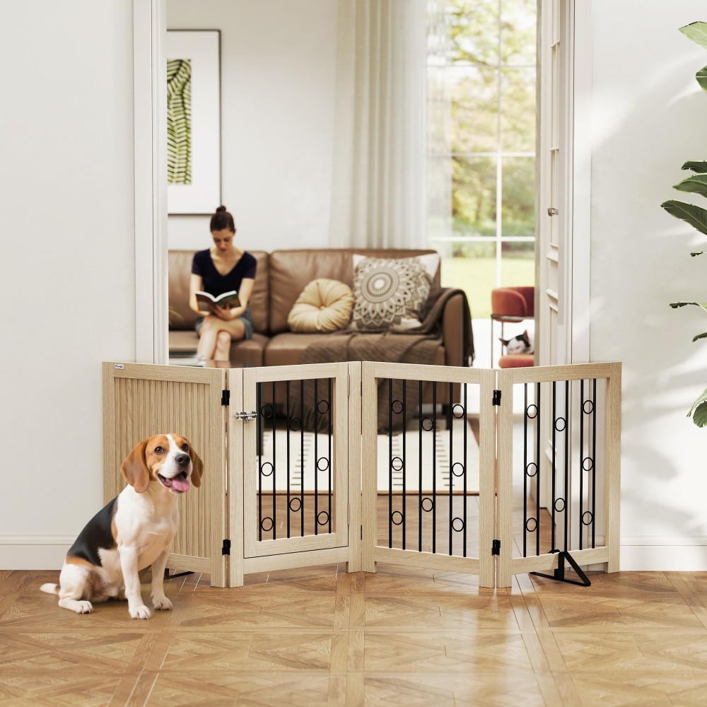 Ανεξάρτητη Πύλη Pet Dog Gate with Door 4 Panel Hallway Staircase Door Frame MDF Steel