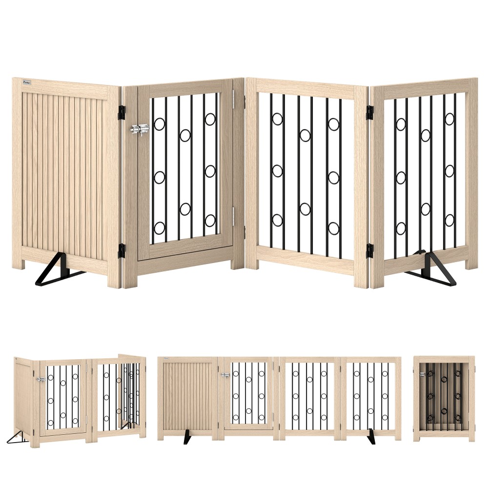 Ανεξάρτητη Πύλη Pet Dog Gate with Door 4 Panel Hallway Staircase Door Frame MDF Steel