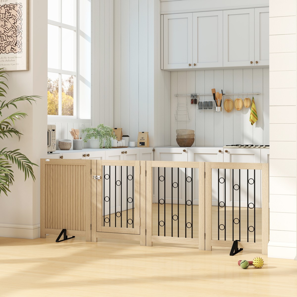 Ανεξάρτητη Πύλη Pet Dog Gate with Door 4 Panel Hallway Staircase Door Frame MDF Steel