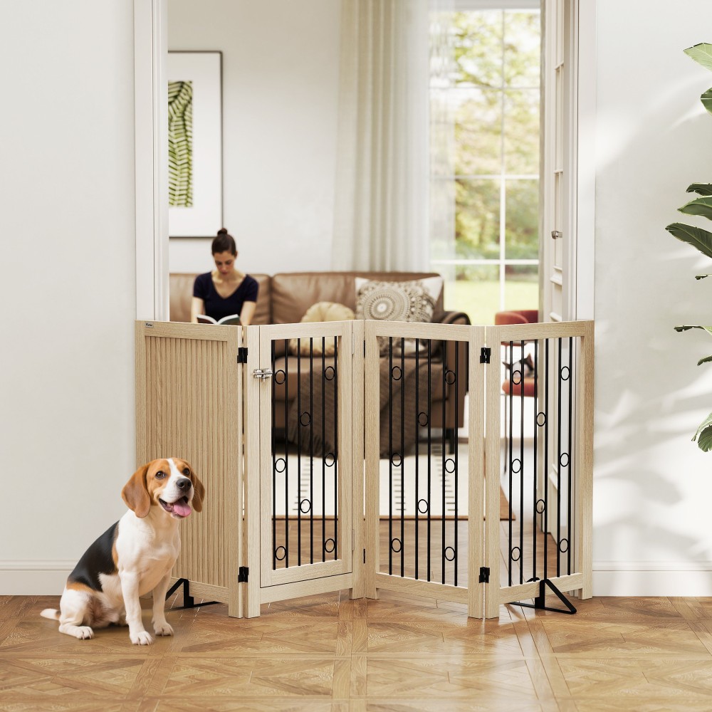 Ανεξάρτητη Πύλη Pet Dog Gate with Door 4 Panel Hallway Staircase Door Frame MDF Steel