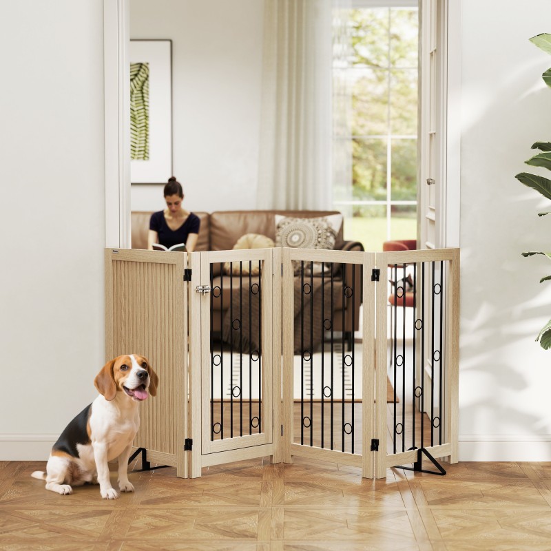 Ανεξάρτητη Πύλη Pet Dog Gate with Door 4 Panel Hallway Staircase Door Frame MDF Steel