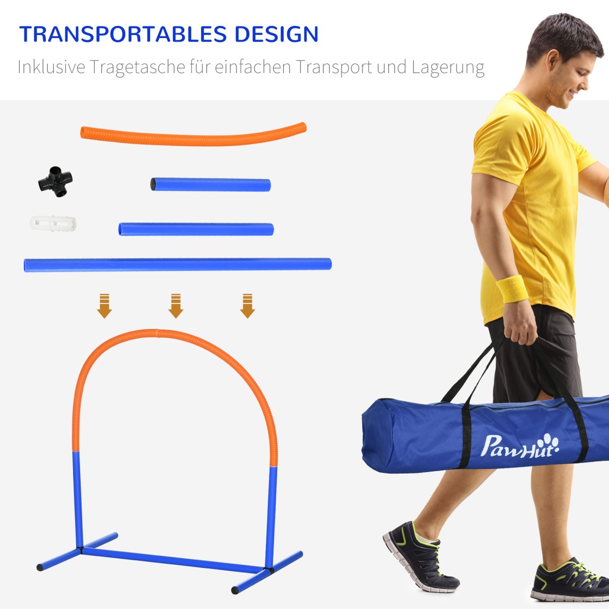 Σετ Agility για σκύλους, εκπαίδευση σκύλων, 4 σεντόνια, για αρχάριους, με τσάντα μεταφοράς, μπλε + πορτοκαλί, 88 x 64 x 95 cm