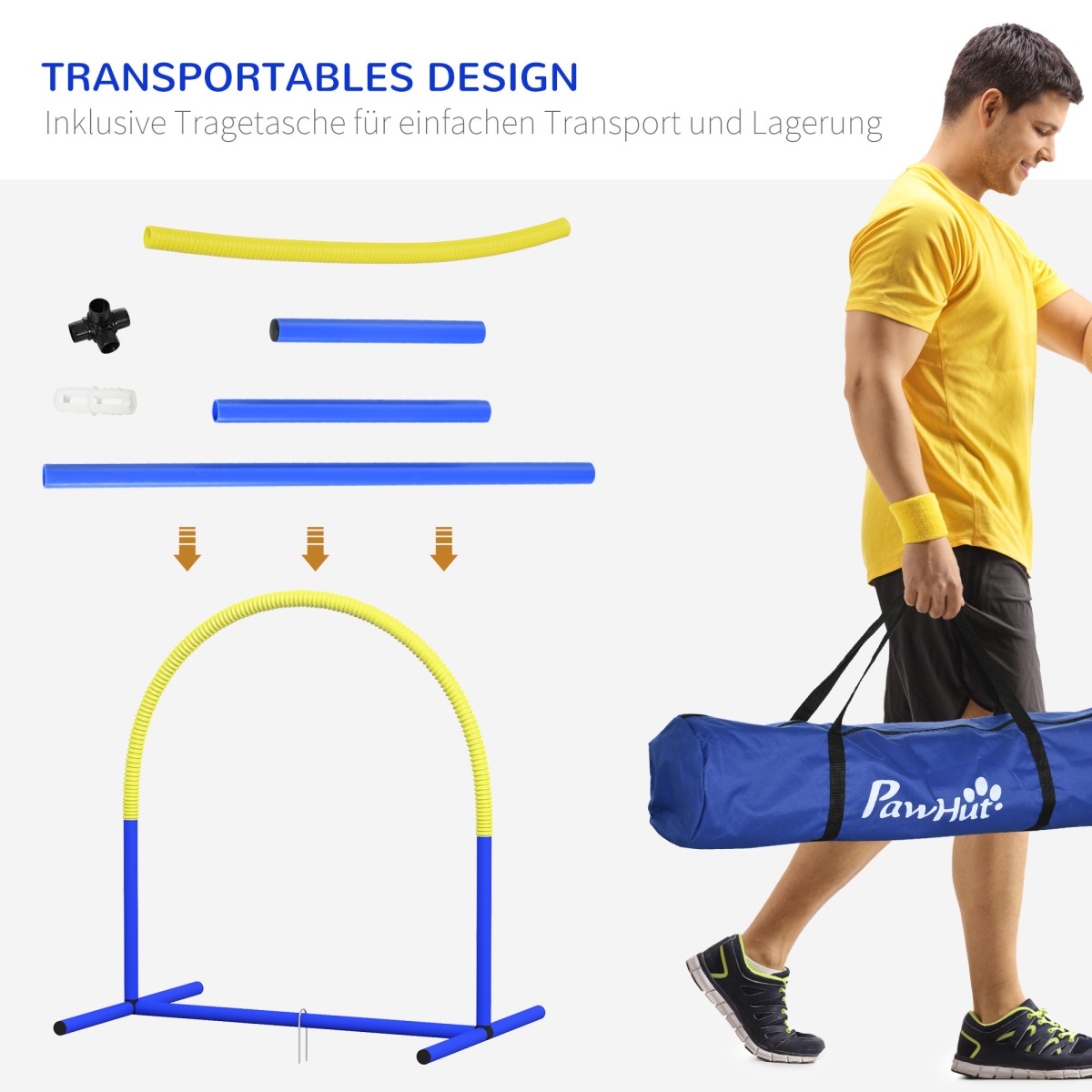 Σετ Agility για σκύλους, εκπαίδευση σκύλων, 4 σεντόνια, για αρχάριους, με τσάντα μεταφοράς, μπλε + κίτρινο, 88 x 64 x 95 cm