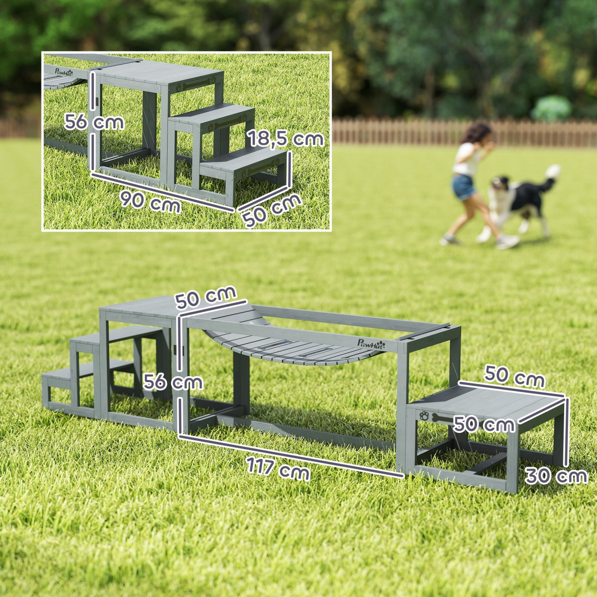 Dog Agility Σετ 3 τεμαχίων εξοπλισμού ευκινησίας με γέφυρα, σκάλες, πλατφόρμα, ξύλο ελάτης, 117 x 50 x 56 cm, γκρι