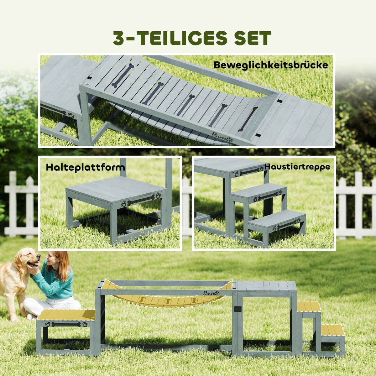 Dog Agility Σετ 3 τεμαχίων εξοπλισμού ευκινησίας με γέφυρα, σκάλες, πλατφόρμα, ξύλο ελάτης, 117 x 50 x 56 cm, γκρι