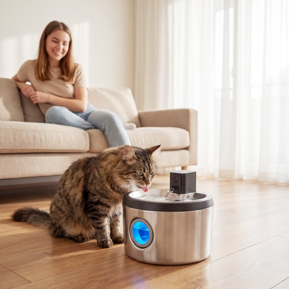 Συντριβάνι Cat 4L ασύρματο συντριβάνι από ανοξείδωτο χάλυβα με ανιχνευτή κίνησης 6 φίλτρα σύστημα διπλού φίλτρου LED ασημί