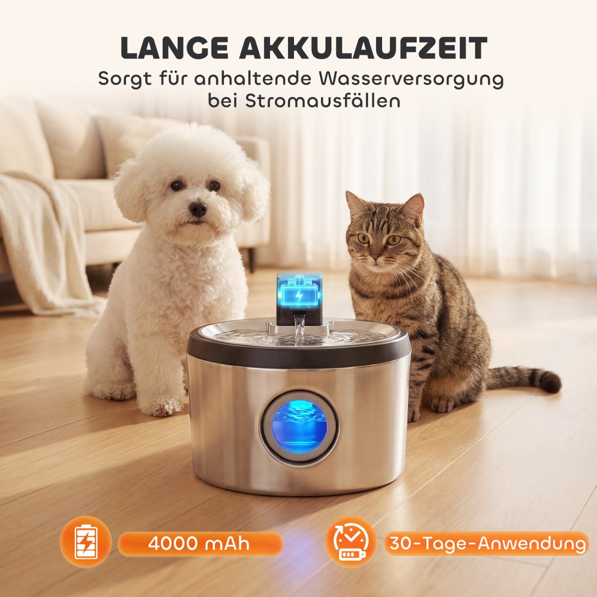 Συντριβάνι Cat 4L ασύρματο συντριβάνι από ανοξείδωτο χάλυβα με ανιχνευτή κίνησης 6 φίλτρα σύστημα διπλού φίλτρου LED ασημί